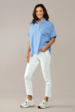 Dames blouse korte mouw blauw