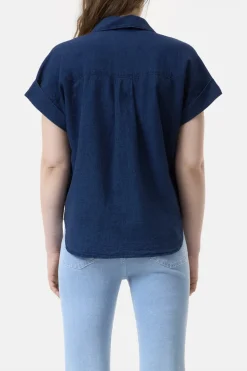 Dames blouse mouwloos blauw