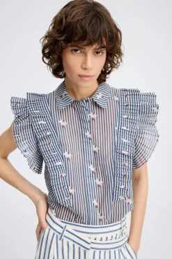 Dames blouse mouwloos blauw